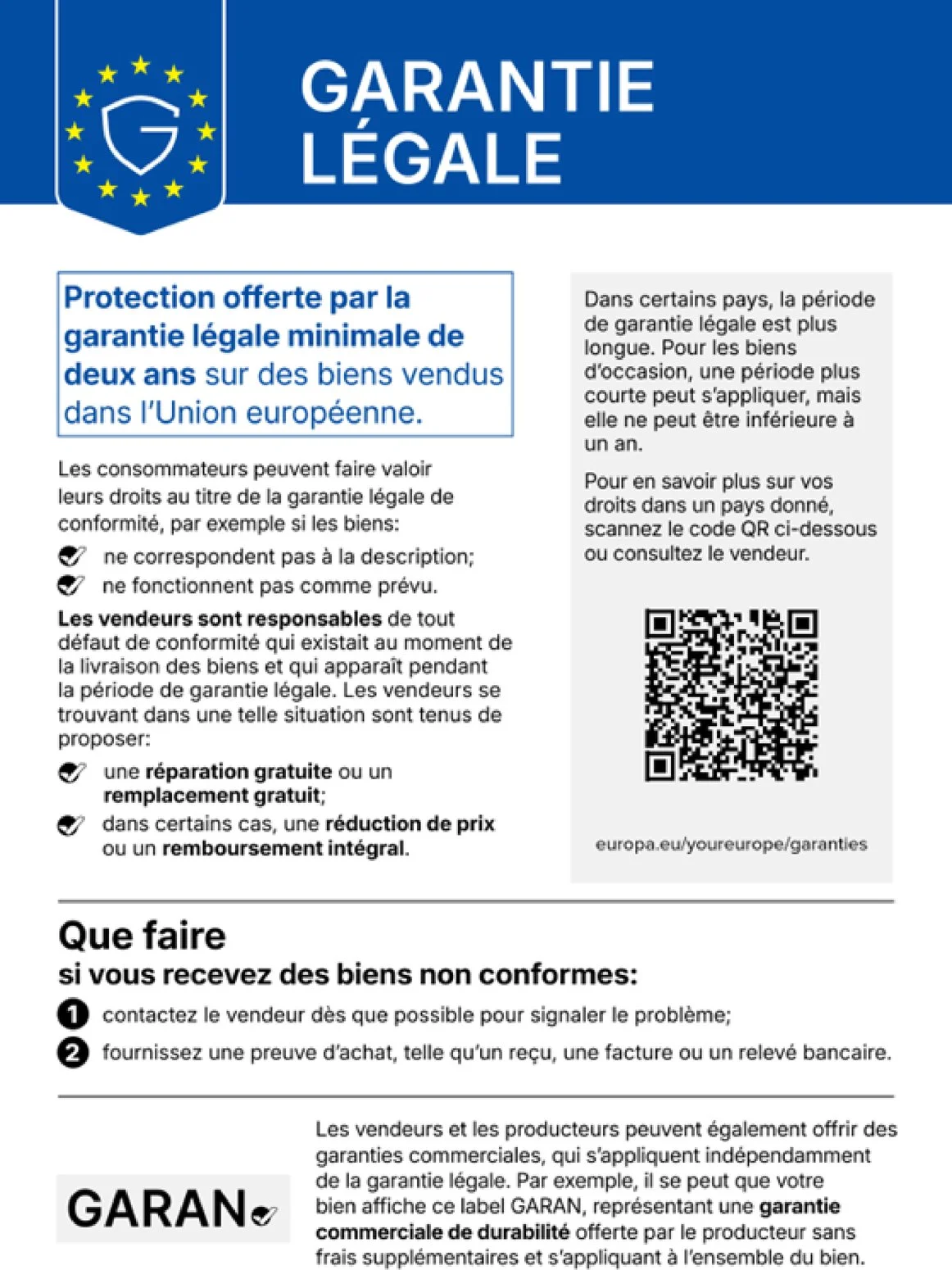 Note d'information harmonisée relative à la garantie légale conformément au règlement de l'UE 2024/1960